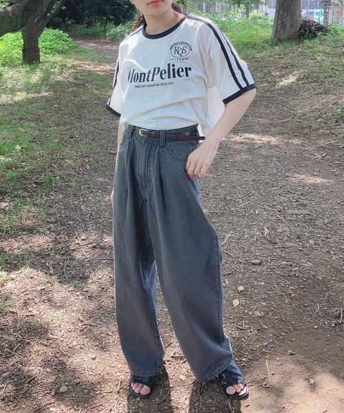 AS KNOW AS plus（アズノゥアズプラス）の「〇肩ライン ロゴ刺繍 リンガーTシャツ（Tシャツ/カットソー・レディース・サックスブルー/ブラック/オフホワイト・FREE）」の5枚目の写真