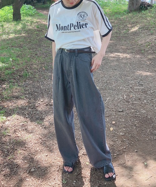 AS KNOW AS plus（アズノゥアズプラス）の「〇肩ライン ロゴ刺繍 リンガーTシャツ（Tシャツ/カットソー・レディース・サックスブルー/ブラック/オフホワイト・FREE）」の6枚目の写真