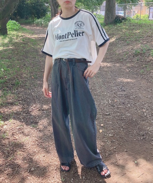 AS KNOW AS plus（アズノゥアズプラス）の「〇肩ライン ロゴ刺繍 リンガーTシャツ（Tシャツ/カットソー・レディース・サックスブルー/ブラック/オフホワイト・FREE）」の8枚目の写真