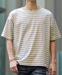 ボーダービッグシルエットTシャツ クルーネック半袖カットソー メンズ ルーズシルエット 春服