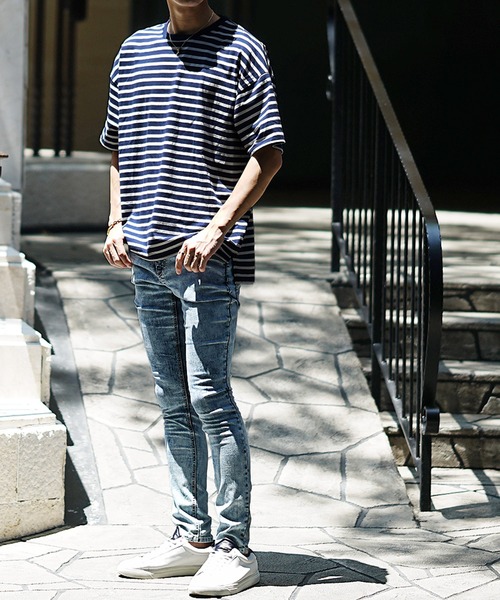 JOKER（ジョーカー）の「ボーダービッグシルエットTシャツ クルーネック半袖カットソー メンズ ルーズシルエット 春服（Tシャツ/カットソー・メンズ・ネイビー/ベージュ/ブラック・M/L）」の6枚目の写真