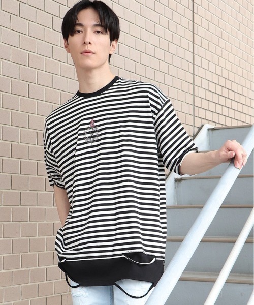 semantic design(セマンティックデザイン)の「【コットン100%】セマンティックデザイン フェイクレイヤード クルー半袖ビッグTシャツ(Tシャツ/カットソー・メンズ・ブラック/ホワイト×ブラック・LARGE)」の1枚目の写真