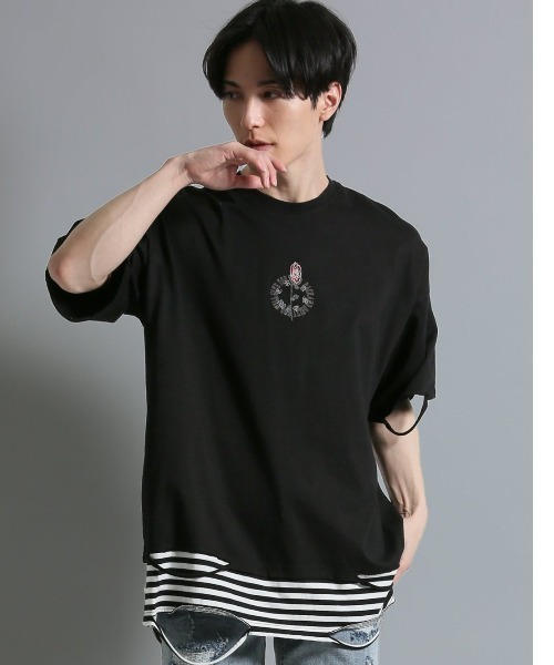 semantic design(セマンティックデザイン)の「【コットン100%】セマンティックデザイン フェイクレイヤード クルー半袖ビッグTシャツ(Tシャツ/カットソー・メンズ・ブラック/ホワイト×ブラック・LARGE)」の2枚目の写真