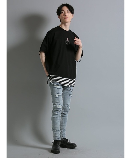 semantic design(セマンティックデザイン)の「【コットン100%】セマンティックデザイン フェイクレイヤード クルー半袖ビッグTシャツ(Tシャツ/カットソー・メンズ・ブラック/ホワイト×ブラック・LARGE)」の10枚目の写真