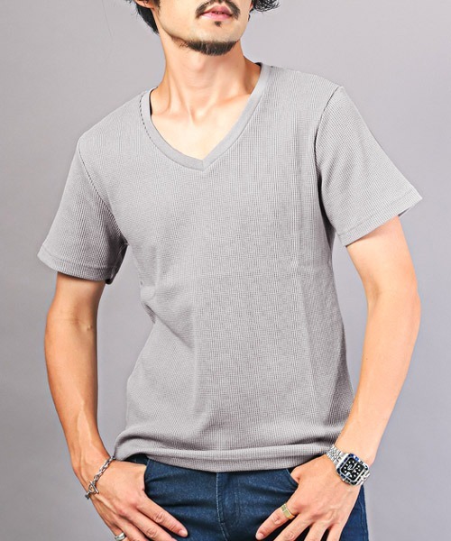 LUXSTYLE(ラグスタイル)の「サーマルワッフルVネックTシャツ(Tシャツ/カットソー・メンズ・グレー/ブラック/ホワイト・L/XL/M)」の1枚目の写真