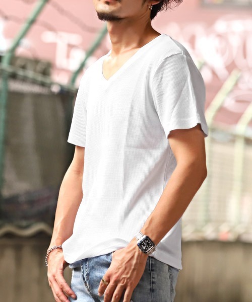 LUXSTYLE(ラグスタイル)の「サーマルワッフルVネックTシャツ(Tシャツ/カットソー・メンズ・グレー/ブラック/ホワイト・L/XL/M)」の2枚目の写真