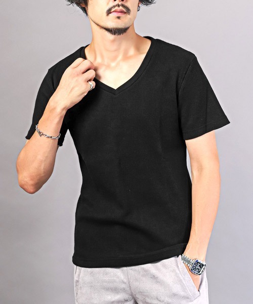 LUXSTYLE(ラグスタイル)の「サーマルワッフルVネックTシャツ(Tシャツ/カットソー・メンズ・グレー/ブラック/ホワイト・L/XL/M)」の3枚目の写真