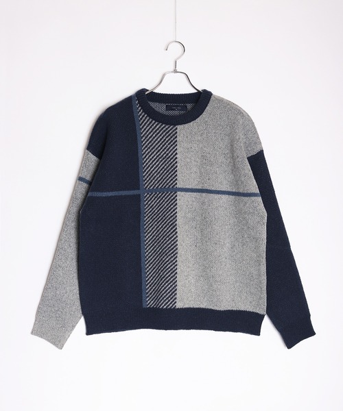 WESTSEA(ウエストシー)の「ふわふわミニ起毛 ダブルジャガードオーバーサイズクルー(ニット/セーター・メンズ・ネイビー/ブルー/ライトホワイト/ブラック/ホワイト・M/L)」の9枚目の写真
