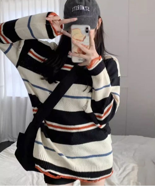 ROOPTOKYO(ループトウキョウ)の「▲DAMEGE SIDELINE KNIT/ダメージサイドラインニット Y2K クルーネック(ニット/セーター・メンズ・ホワイト・L/M/XL)」の8枚目の写真