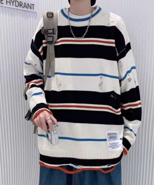 ROOPTOKYO(ループトウキョウ)の「▲DAMEGE SIDELINE KNIT/ダメージサイドラインニット Y2K クルーネック(ニット/セーター・メンズ・ホワイト・L/M/XL)」の7枚目の写真