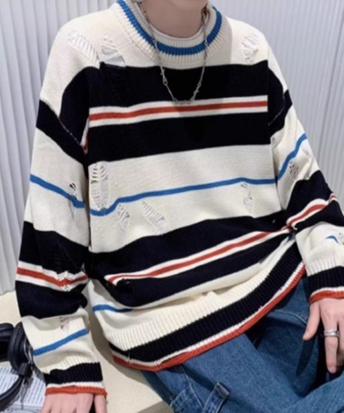 ROOPTOKYO(ループトウキョウ)の「▲DAMEGE SIDELINE KNIT/ダメージサイドラインニット Y2K クルーネック(ニット/セーター・メンズ・ホワイト・L/M/XL)」の6枚目の写真