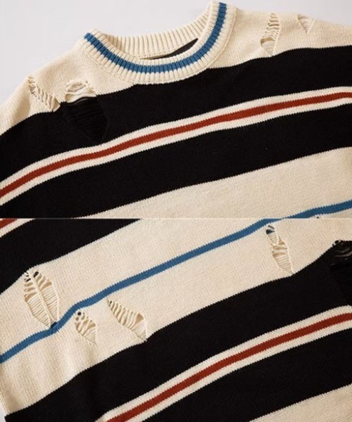 ROOPTOKYO(ループトウキョウ)の「▲DAMEGE SIDELINE KNIT/ダメージサイドラインニット Y2K クルーネック(ニット/セーター・メンズ・ホワイト・L/M/XL)」の2枚目の写真