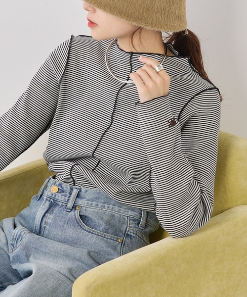 PUAL CE CIN（ピュアルセシン）の「ニュアンスロゴ刺繍　プチハイネックテレコメローカットソー（Tシャツ/カットソー・レディース・ブラウン/ブラック系その他/オフホワイト/ブラック・FREE）」の16枚目の写真