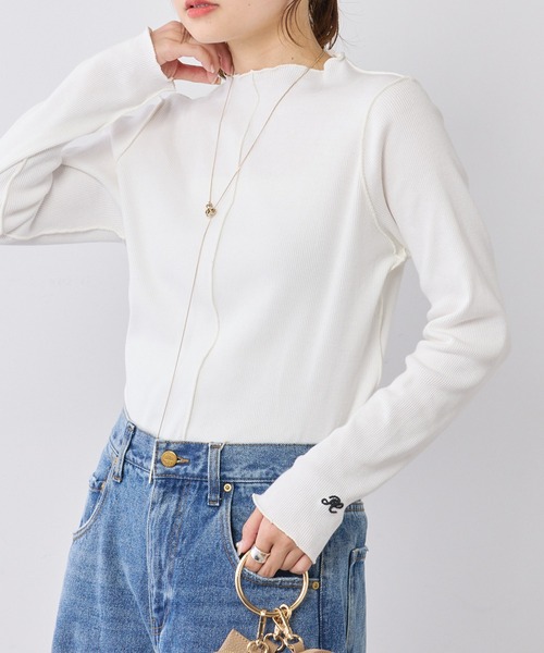 PUAL CE CIN（ピュアルセシン）の「ニュアンスロゴ刺繍　プチハイネックテレコメローカットソー（Tシャツ/カットソー・レディース・ブラウン/ブラック系その他/オフホワイト/ブラック・FREE）」の7枚目の写真