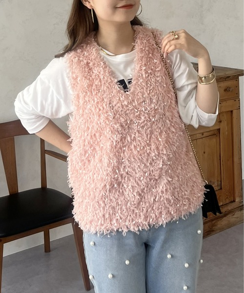 prose verse（プロズヴェール）の「Vネックふわふわフリンジベスト（ベスト・レディース・ピンク/アイボリー/ブラック・MEDIUM）」の6枚目の写真