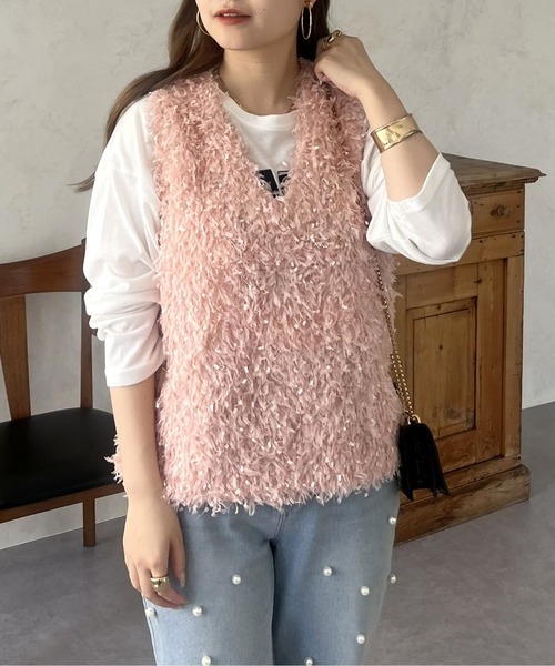 prose verse（プロズヴェール）の「Vネックふわふわフリンジベスト（ベスト・レディース・ピンク/アイボリー/ブラック・MEDIUM）」の9枚目の写真