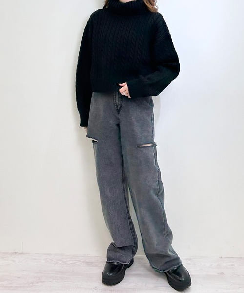 INGNI（イング）の「ショート丈オフタートルケーブルニット（ニット/セーター・レディース・アイボリー/ブラック/杢グレー・M）」の13枚目の写真