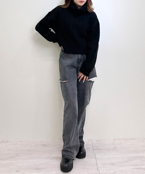 INGNI（イング）の「ショート丈オフタートルケーブルニット（ニット/セーター・レディース・アイボリー/ブラック/杢グレー・M）」の14枚目の写真