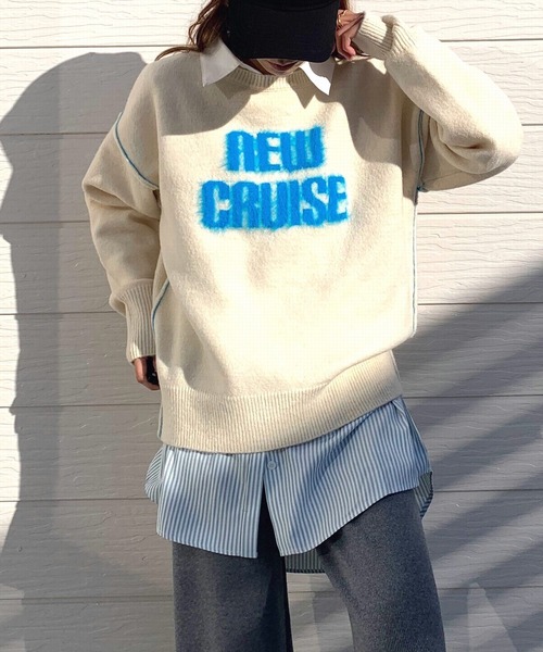 Q（キュー）の「シャギーロゴニット（ニット/セーター・レディース・ラベンダー/ホワイト/ライトグレー・MEDIUM）」の2枚目の写真