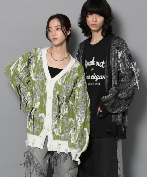 Anui（アニュイ）の「【UNISEX】MIXフリンジカーディガン（カーディガン/ボレロ・レディース・ブラック/グリーン・M）」の4枚目の写真