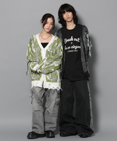 Anui（アニュイ）の「【UNISEX】MIXフリンジカーディガン（カーディガン/ボレロ・レディース・ブラック/グリーン・M）」の5枚目の写真