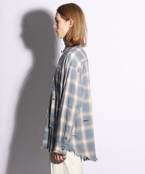 【美品】HARE　BIGダメージチェックシャツ　グレー　ブラウス　ヴィンテージ 美品】HARE BIGダメージチェックシャツ グレー ブラウス