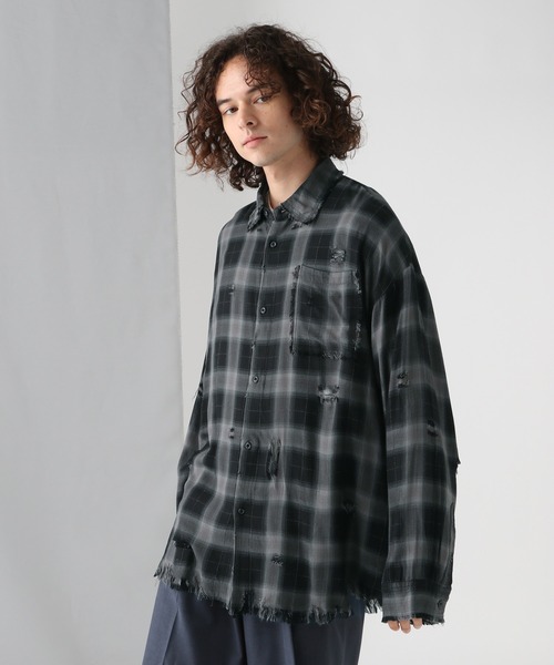 HARE（ハレ）の「【一部カラーSET UP対応】BIGダメージチェックシャツ(HARE)（シャツ/ブラウス・メンズ・ブルー/ブラック/ブラック系その他/グレー/ピンク/グレー系その他/ブルー系その他2/ブルー系その他・FREE/MEDIUM/SMALL）」の20枚目の写真