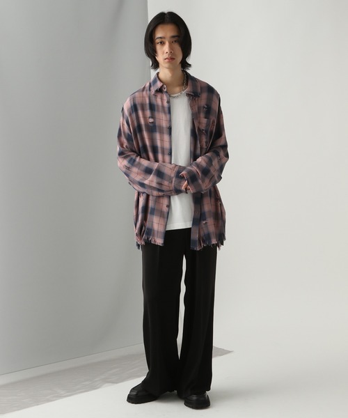 HARE（ハレ）の「【一部カラーSET UP対応】BIGダメージチェックシャツ(HARE)（シャツ/ブラウス・メンズ・ブルー/ブラック/ブラック系その他/グレー/ピンク/グレー系その他/ブルー系その他2/ブルー系その他・FREE/MEDIUM/SMALL）」の10枚目の写真