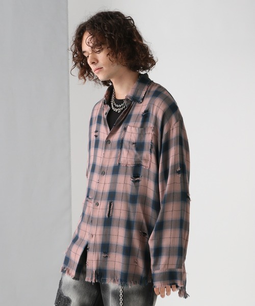 HARE（ハレ）の「【一部カラーSET UP対応】BIGダメージチェックシャツ(HARE)（シャツ/ブラウス・メンズ・ブルー/ブラック/ブラック系その他/グレー/ピンク/グレー系その他/ブルー系その他2/ブルー系その他・FREE/MEDIUM/SMALL）」の11枚目の写真