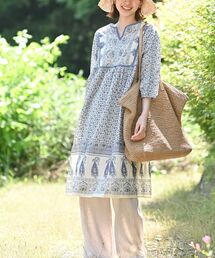 パネルプリント7分袖ワンピース