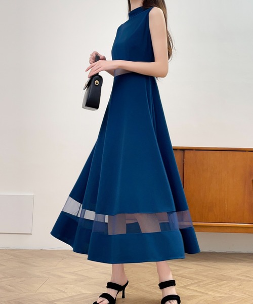 ロング丈 フェイク ワンピース 袖なし ドレス 異素材 シアー 5色 Leja（レジャ）の「【LEJA】異素材シアー刺繍レース透け感