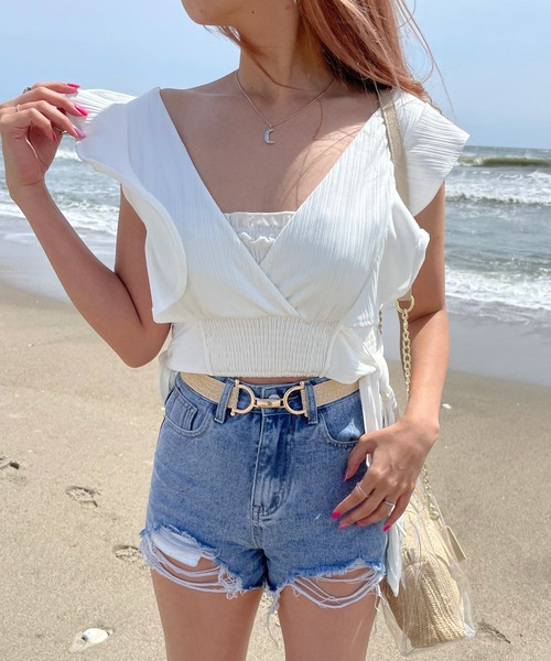 non-hedge（ノンヘッジ）の「サイドリボン両Vネックフリルトップス（Tシャツ/カットソー・レディース・モカ/ミント/オフホワイト/ブルー/アイボリー・FREE）」の12枚目の写真
