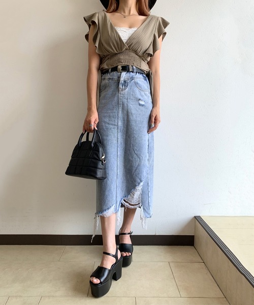non-hedge（ノンヘッジ）の「サイドリボン両Vネックフリルトップス（Tシャツ/カットソー・レディース・モカ/ミント/オフホワイト/ブルー/アイボリー・FREE）」の19枚目の写真