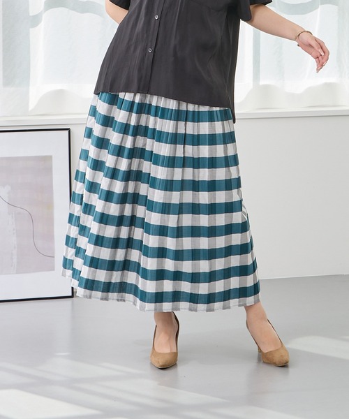 NICOLE white（ニコルホワイト）の「リバーシブルギャザースカート／表：チェック柄・裏：ストライプ柄（スカート・レディース・ブラック/カーキ系/ベージュ/ブラック系/グリーン・FREE）」の4枚目の写真