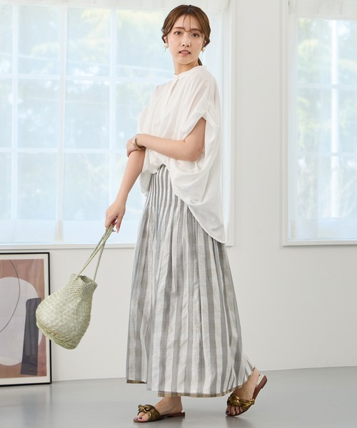 NICOLE white（ニコルホワイト）の「リバーシブルギャザースカート／表：チェック柄・裏：ストライプ柄（スカート・レディース・ブラック/カーキ系/ベージュ/ブラック系/グリーン・FREE）」の7枚目の写真