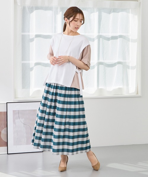 NICOLE white（ニコルホワイト）の「リバーシブルギャザースカート／表：チェック柄・裏：ストライプ柄（スカート・レディース・ブラック/カーキ系/ベージュ/ブラック系/グリーン・FREE）」の8枚目の写真