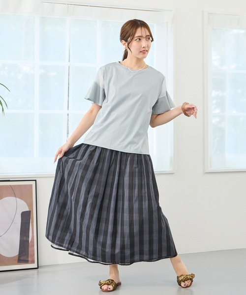 NICOLE white（ニコルホワイト）の「リバーシブルギャザースカート／表：チェック柄・裏：ストライプ柄（スカート・レディース・ブラック/カーキ系/ベージュ/ブラック系/グリーン・FREE）」の11枚目の写真