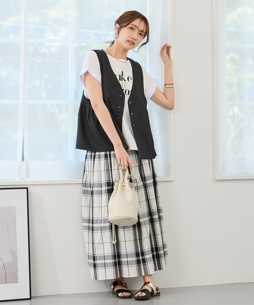 NICOLE white（ニコルホワイト）の「リバーシブルギャザースカート／表：チェック柄・裏：ストライプ柄（スカート・レディース・ブラック/カーキ系/ベージュ/ブラック系/グリーン・FREE）」の15枚目の写真