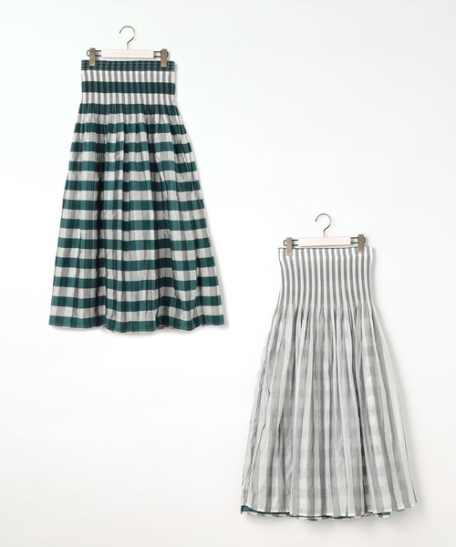 NICOLE white（ニコルホワイト）の「リバーシブルギャザースカート／表：チェック柄・裏：ストライプ柄（スカート・レディース・ブラック/カーキ系/ベージュ/ブラック系/グリーン・FREE）」の18枚目の写真