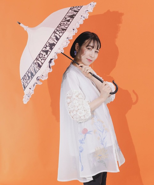 G.GASPAR PARIS 傘 花柄フリル 美品 上品カラー グレー×オレンジ G.GASPAR PARIS 傘 花柄フリル 美品 上品カラー グレー×オレンジ