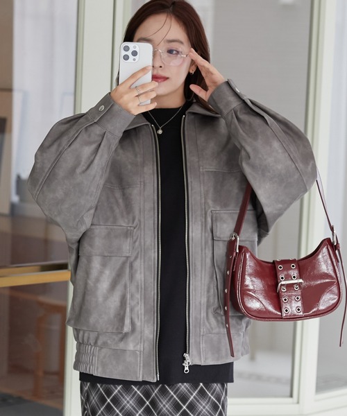 WEGO（ウィゴー）の「WEGO/【セットアップ対応】ヴィンテージライクフェイクレザーブルゾン（ブルゾン・レディース・グレー/ダークブラウン/ブラック・MEDIUM/SMALL）」の13枚目の写真