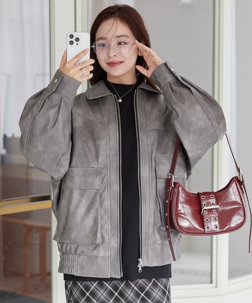 WEGO（ウィゴー）の「WEGO/【セットアップ対応】ヴィンテージライクフェイクレザーブルゾン（ブルゾン・レディース・グレー/ダークブラウン/ブラック・MEDIUM/SMALL）」の6枚目の写真