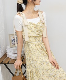 小花柄 肩リボン ロングワンピース