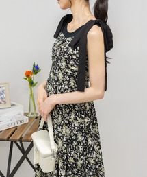 小花柄 肩リボン ロングワンピース