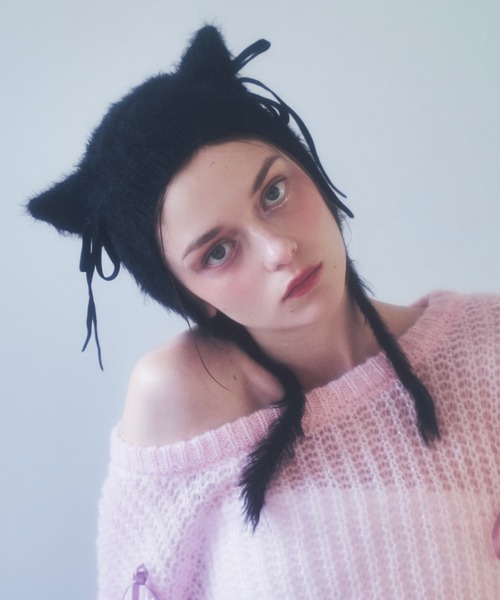Lovilyn(ラヴィリン)の「リボンシャギー猫耳ニット帽(ニットキャップ/ビーニー・レディース・ホワイト/ブラック/グレー・FREE)」の2枚目の写真