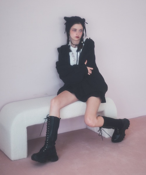 Lovilyn(ラヴィリン)の「リボンシャギー猫耳ニット帽(ニットキャップ/ビーニー・レディース・ホワイト/ブラック/グレー・FREE)」の7枚目の写真