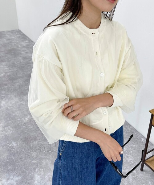 fredy emue（フレディエミュ）の「チュールレイヤードニットカーディガン（カーディガン/ボレロ・レディース・アイボリー/ベージュ/チャコールグレー・38）」の4枚目の写真