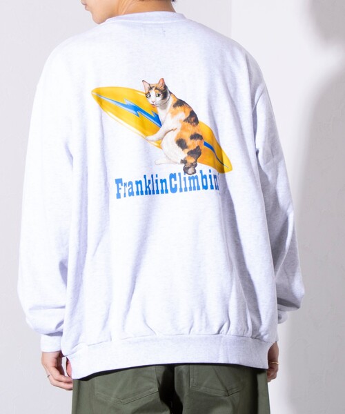 Franklin Climbing(フランクリンクライミング)の「【Franklin Climbing】ねこサーフボード クルーネック プリントスウェット(スウェット・メンズ・ネイビー/アッシュグレー・M/L)」の11枚目の写真