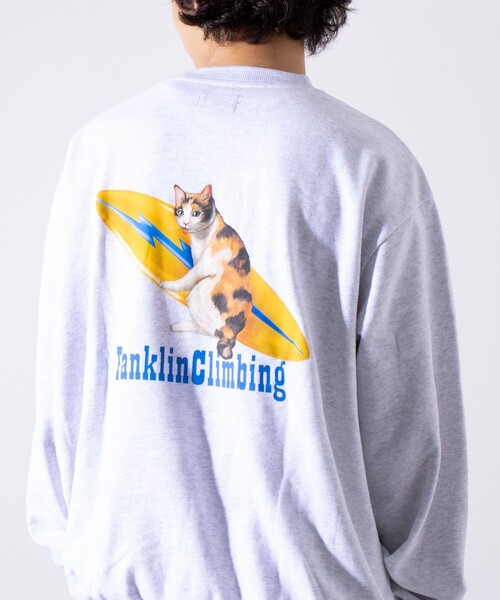 Franklin Climbing(フランクリンクライミング)の「【Franklin Climbing】ねこサーフボード クルーネック プリントスウェット(スウェット・メンズ・ネイビー/アッシュグレー・M/L)」の16枚目の写真