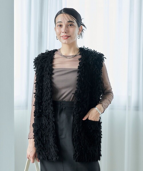 FREAK'S STORE（フリークスストア）の「フリンジニットベスト/ニットジレ（ベスト・レディース・オフホワイト/コーラルピンク/ブラック/グレー・ﾌﾘ-）」の3枚目の写真